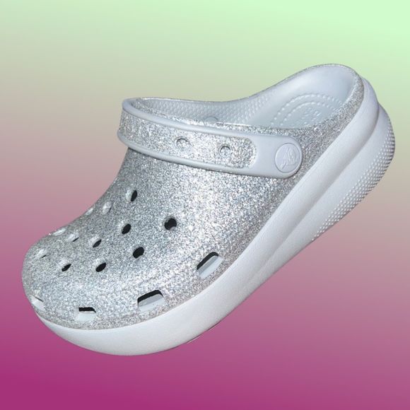 NWOB Crocs Atmosphere/Silver Glitter Classic Cutie Platform Clogs Size J2 - Picture 1 of 7